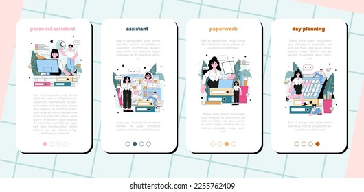 Personal assistant mobile application banner set. Professional help and support for a businessperson. Worker day planning and paperwork and meetings assisting. Flat vector illustration