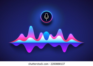 Personal Assistant Screen. Voice Recognition, Microphone Button And Sound Wave. Ai Conversation, Car Media Control And Voice Search Vector Background