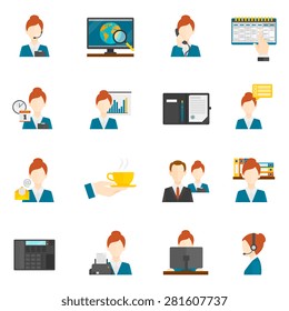 Personal assistant secretary and reception flat icons set isolated vector illustration