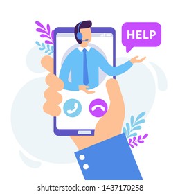 Personal assistant service. Virtual technical support smartphone app, personal consult and online communication. Advice supporting feedback, hotline talk chat professional vector illustration