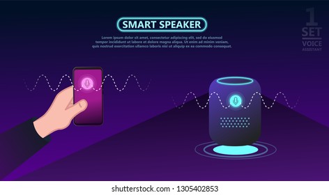Personal assistant, smart speaker with title voice assistant. Voice activated digital assistants and customer self customer concept. Smart speaker reports the news, answers questions. Website template
