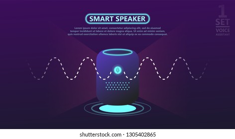 Personal assistant, smart speaker with title voice assistant. Voice activated digital assistants and customer self customer concept. Smart speaker reports the news, answers questions. Website template