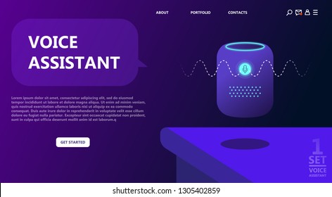 Personal assistant, smart speaker, voice command device with integrated virtual assistant. Flat vector neon website template and landing page design. Use for, landing page, template, ui, web, app