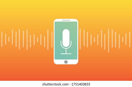 Onda de sonido personal asistente inteligente con smartphone Icono de micrófono, reconocimiento de voz y sonido diseño de estilo plano ilustración vectorial.
