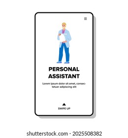 Persönlicher Assistent mit Tablet-Vektorgrafik. Personal Assistant für Geschäftsleute, der über ein digitales Gerät für die Verwaltung von Aufgaben verfügt. Illustration von Zeichenteam-Mitarbeitern, die Web-Flat-Cartoon-Illustration