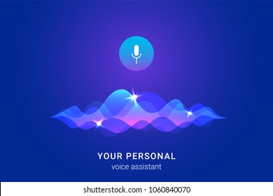 Personal assistant and voice recognition concept gradient vector illustration of soundwave intelligent technologies. Microphone button with bright voice and sound imitation waves