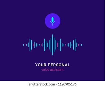 Personal Assistant And Voice Recognition Concept Flat Vector Illustration Of Sound Symbol Intelligent Technologies. Microphone Button With Bright Voice And Sound Imitation Lines