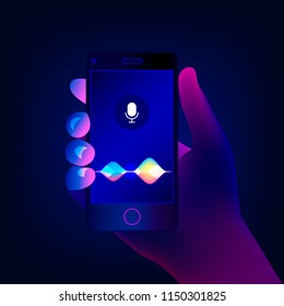 Personal assistant and voice recognition concept. Soundwave intelligent technologies. Hand holds a smartphone on the screen of microphone button with bright voice and sound imitation waves. Vector