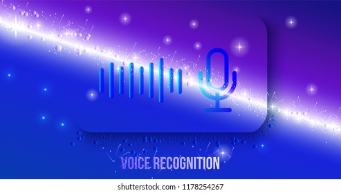 Personal assistant and voice recognition concept flat vector illustration of sound symbol intelligent technologies. Microphone button with bright voice and sound imitation lines, voice technology

