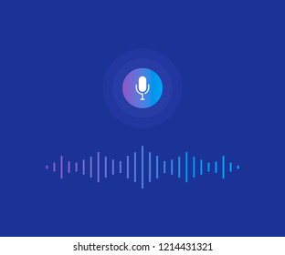 Personal assistant and voice recognition concept. Microphone button with bright voice and sound imitation lines. Modern flat style vector illustration.
