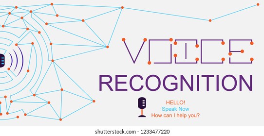 Personal assistant and voice recognition concept. Microphone with bright voice and sound imitation waves. Line vector illustration networks. Horizontal banner  flat vector.