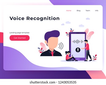 Personal assistant and voice recognition concept flat vector illustration of sound symbol intelligent technologies. Small people with smartphone and floral elements. Ultraviolet landing page template