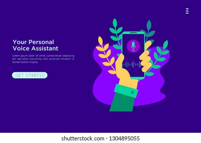 Personal assistant and voice recognition concept flat vector illustration of sound symbol intelligent technologies. Microphone button,landing page, template, ui, web, mobile app, poster, banner, flyer