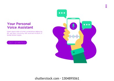 Personal assistant and voice recognition concept flat vector illustration of sound symbol intelligent technologies. Microphone button,landing page, template, ui, web, mobile app, poster, banner, flyer