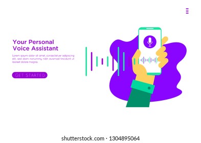 Personal assistant and voice recognition concept flat vector illustration of sound symbol intelligent technologies. Microphone button,landing page, template, ui, web, mobile app, poster, banner, flyer