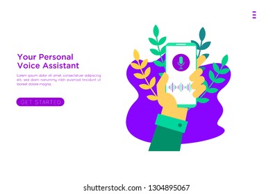 Personal assistant and voice recognition concept flat vector illustration of sound symbol intelligent technologies. Microphone button,landing page, template, ui, web, mobile app, poster, banner, flyer