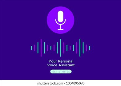 Personal assistant and voice recognition concept flat vector illustration of sound symbol intelligent technologies. Microphone button,landing page, template, ui, web, mobile app, poster, banner, flyer