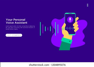 Personal assistant and voice recognition concept flat vector illustration of sound symbol intelligent technologies. Microphone button,landing page, template, ui, web, mobile app, poster, banner, flyer