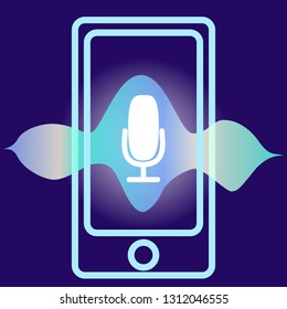 Personal assistant and voice recognition concept flat illustration of sound symbol intelligent technologies. Microphone button with bright voice and sound imitation lines.