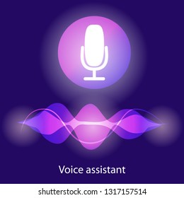 Personal assistant and voice recognition concept flat illustration of sound symbol intelligent technologies. Microphone button with bright voice and sound imitation lines.