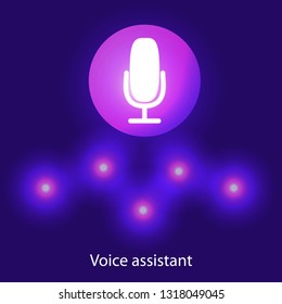 Personal assistant and voice recognition concept flat illustration of sound symbol intelligent technologies. Microphone button with bright voice and sound imitation lines.