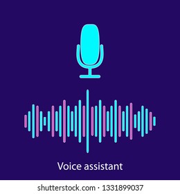 Personal assistant and voice recognition concept flat illustration of sound symbol intelligent technologies. Microphone button with bright voice and sound imitation lines