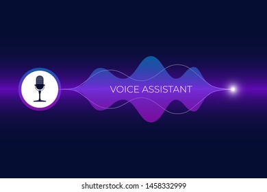 Personal assistant and voice recognition concept. Microphone button with bright gradient sound wave. Soundwave intelligent technology flat media vector illustration