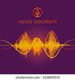 Personal assistant and voice recognition concept gradient vector illustration of soundwave intelligent technologies. Microphone button with bright voice and sound imitation waves. Communication