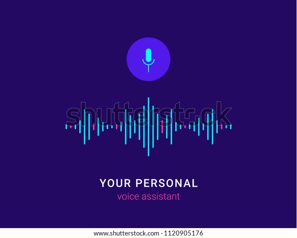 Personal assistant\
and voice recognition concept flat vector illustration of sound\
symbol intelligent technologies. Microphone button with bright\
voice and sound imitation\
lines