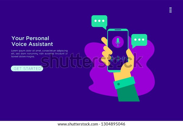 Personal assistant and voice recognition concept
flat vector illustration of sound symbol intelligent technologies.
Microphone button,landing page, template, ui, web, mobile app,
poster, banner, flyer