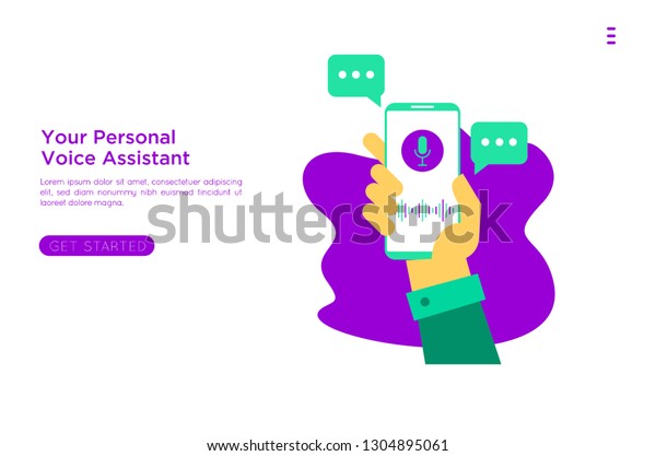 Personal assistant and voice recognition concept\
flat vector illustration of sound symbol intelligent technologies.\
Microphone button,landing page, template, ui, web, mobile app,\
poster, banner, flyer