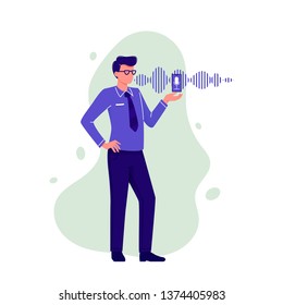 Personal assistant and voice recognition. Man talking to smartphone with microphone and sound imitation line on background. Modern technologies. Flat vector illustration