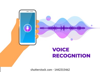 Personal assistant and voice recognition mobile app. Hand holds smartphone with microphone button on screen and gradient sound wave. Soundwave intelligent technologies vector illustration