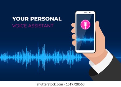 Personal assistant and voice recognition mobile app. Hand holding smartphone with microphone button on screen and speech soundwave. Sound wave smart intelligent technology vector illustration