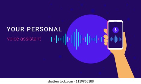 Personal assistant and voice recognition on mobile app. Concept flat vector illustration of human hand holds smartphone with microphone button on screen and voice and sound imitation lines