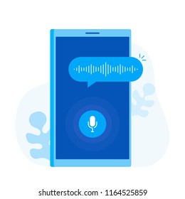 Personal assistant and voice recognition on mobile app. Smartphone with microphone button on screen and voice and sound imitation lines. Modern flat style vector illustration.
