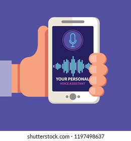 Personal assistant and voice recognition on mobile app. Concept flat vector illustration of human hand holds smartphone with microphone button on screen and voice and sound imitation lines.