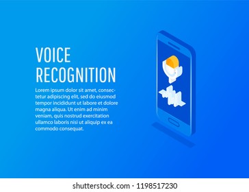 Personal assistant and voice recognition on mobile app. Voice biometrics technology isometric  vector illustration