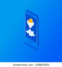 Personal assistant and voice recognition on mobile app. Voice biometrics technology isometric  vector illustration
