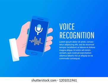 Personal assistant and voice recognition on mobile app. Voice biometrics technology isometric  vector illustration