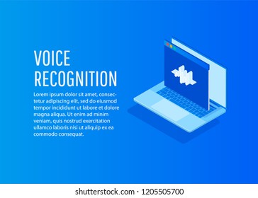 Personal assistant and voice recognition on PC app. Voice biometrics technology isometric  vector illustration