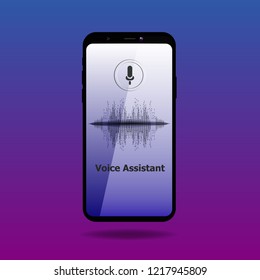 Personal assistant and voice recognition on mobile app. Smartphone with microphone button on screen and voice and sound imitation lines. Vector