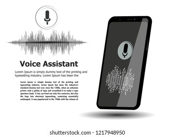 Personal assistant and voice recognition on mobile app. Smartphone with microphone button on screen and voice and sound imitation lines.