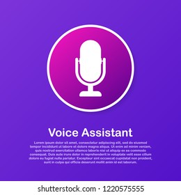 Personal assistant and voice recognition on mobile app. Concept flat vector illustration of human hand holds smartphone with microphone button 