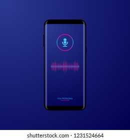 Personal assistant and voice recognition on mobile app. Sound wave intelligent technologies. Smartphone on the screen of microphone button with bright sound waves. Vector illustration