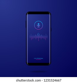 Personal assistant and voice recognition on mobile app. Sound wave intelligent technologies. Smartphone on the screen of microphone button with bright sound waves. Vector illustration