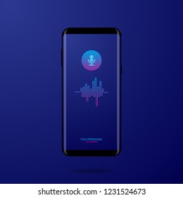 Personal assistant and voice recognition on mobile app. Sound wave intelligent technologies. Smartphone on the screen of microphone button with bright sound waves. Vector illustration