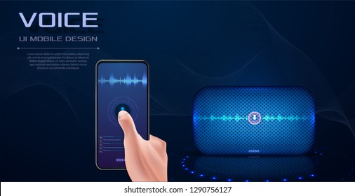 Personal assistant and voice recognition on mobile app. Concept flat vector illustration of human hand holds smartphone with microphone button on screen and voice and sound imitation lines. Vector