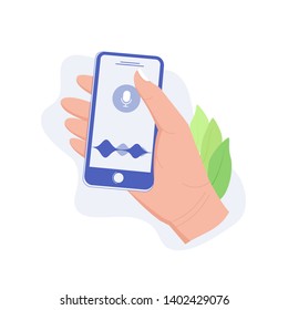 Personal assistant and voice recognition on mobile app. Concept of human hand holds smartphone with microphone button on screen and voice and sound imitation lines. Trendy flat style. Vector illustrat