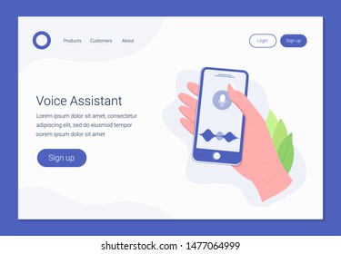 Personal assistant and voice recognition on screen of smartphone. Concept of human hand holds smartphone and voice and sound imitation lines. Landing page template. Trendy flat style. Vector.